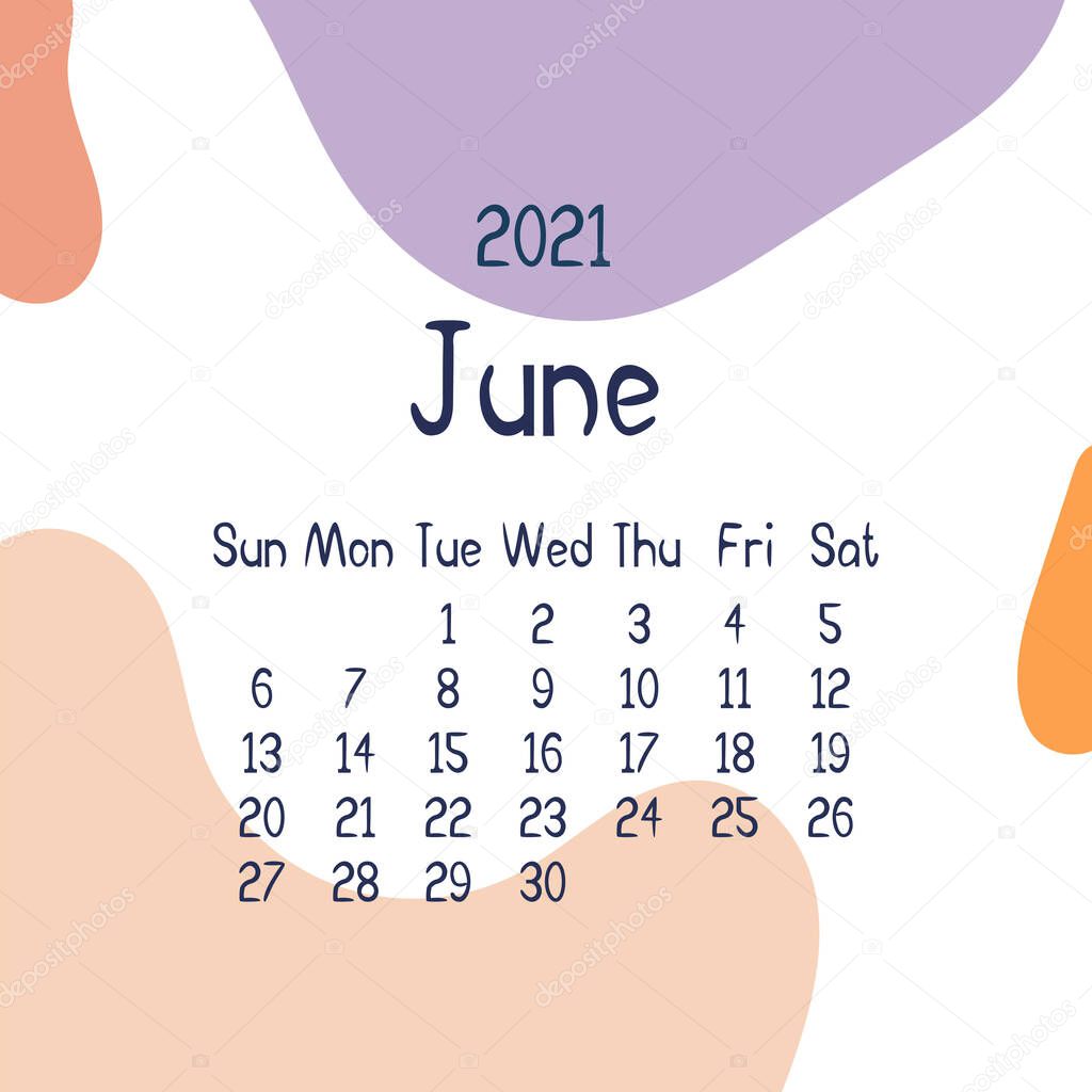 2021 june calendar with abstract shapes on background. Colorful modern calendar with trending colors, monthly planner. Vector flat illustration. Modern simple design. Summer month
