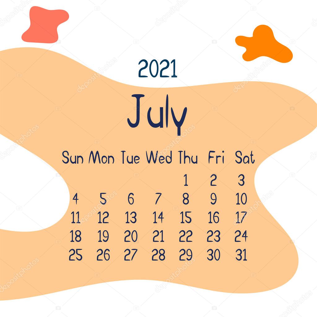 2021 july calendar with abstract shapes on background. Colorful modern calendar with trending colors, monthly planner. Vector flat illustration. Modern simple design. Summer month