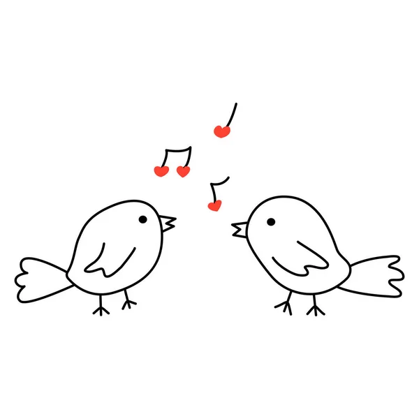 Two Cute Birds Sing Love Song Musical Notes Hearts Fly — Stock Vector