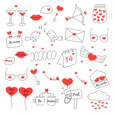 Sevgililer Günü için bir takım elementler. Takvimde 14 Şubat 'ta, aşk okları, kalp, balonlar, mektup ve dudaklar, şarkı söyleyen kuşlar, zarf ve gözlük ile posta. Karalama biçiminde vektör illüstrasyonu izole edilmiş el çizimi
