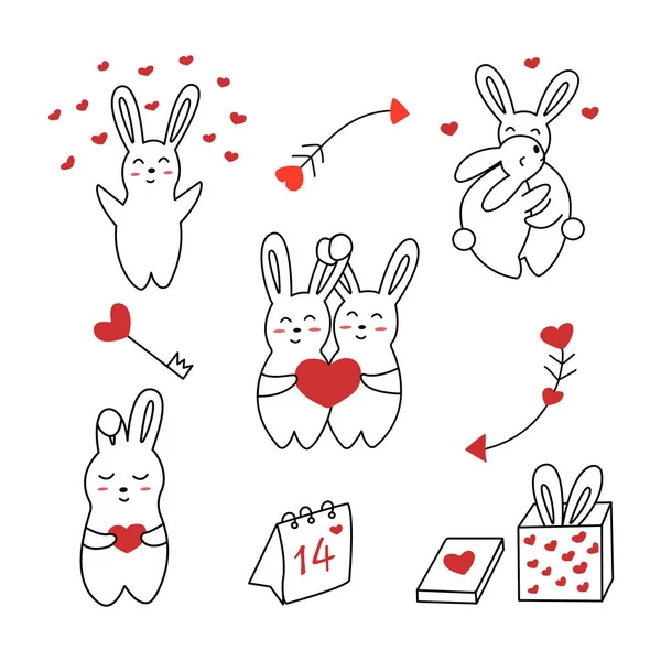 Sevgililer Günü Için Bir Grup Tavşan Tavşan Takvimde Şubat Aşk Vektör Grafikler