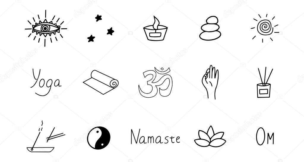 Set of elements for meditation and yoga. Black and white hand drawn doodle icon. Vector isolated symbol illustration