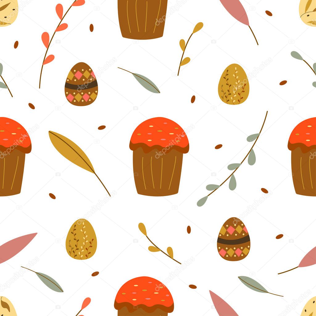 Seamless pattern with Easter cake, eggs, willow twigs and leaves. Happy Easter. Colorful vector cartoon illustration. Suitable for wrapping paper, fabric, print