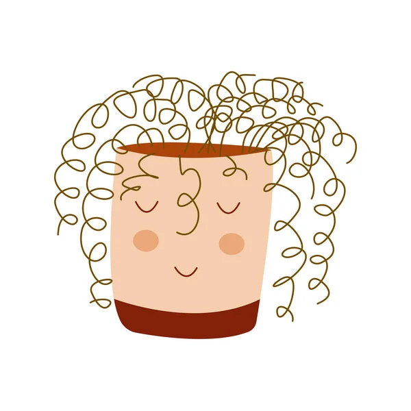 Houseplant Potenciômetro Forma Uma Cara Cute Planta Curly Potted Ilustração —  Vetores de Stock