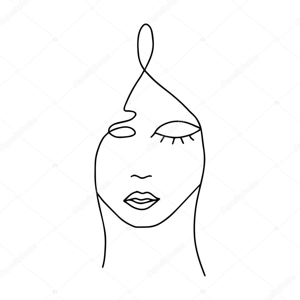 Abstract linear human face. Woman face in one line, modern trending art. Vector illustration hand drawn isolated doodle. Simple poster