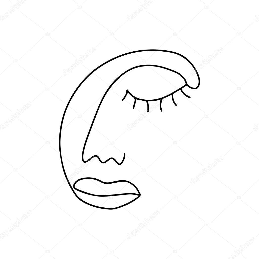 Abstract linear human face. Woman face in one line, modern trending art. Vector illustration hand drawn isolated doodle. Simple poster