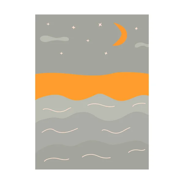 Красивый Вид Море Ночное Небо Полумесяцем Звездами Гладкие Волны Песчаный — стоковый вектор