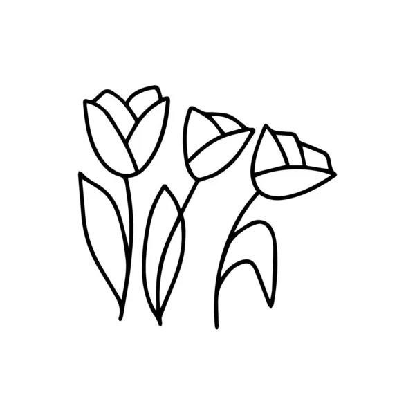 Tres Tulipanes Vector Blanco Negro Ilustración Aislada Estilo Garabato Flor — Vector de stock