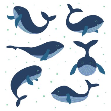 Bir grup sevimli gülümseme mavi balinalar. Renkli vektör izole edilmiş el çizimi. Vahşi yaşam, okyanustan gelen memeli.