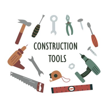 İnşaat aletleri. İnşaat aletleri. İş ve onarım için alet seti. Renkli vektör çizimi izole edilmiş el çizimi