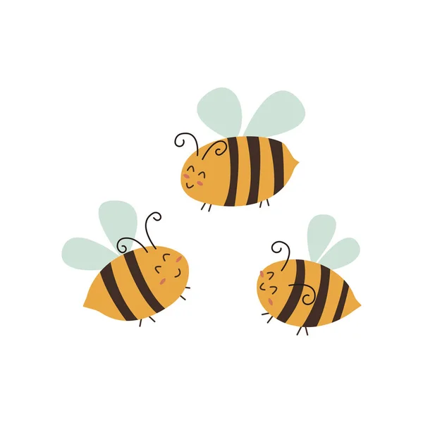 Leuke Blije Honingbijen Glimlachen Tijdens Vlucht Vector Kleurrijke Geïsoleerde Hand — Stockvector