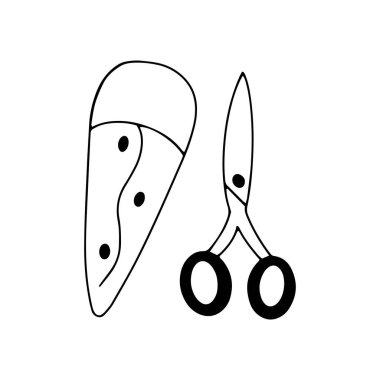 Makas ve çanta. Vektör izole karalama tek simge illüstrasyonu. Kırtasiye malzemeleri. Dikiş ögesi