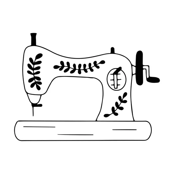 Винтажная Швейная Машинка Черно Белая Векторная Иллюстрация Стиле Дудл Изолирована — стоковый вектор