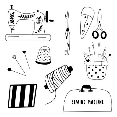 Dikiş ve dikiş için bir takım elementler. İğne ve iplik, makas ve yüksük dikiş makinesi ve kumaş, yırtıcı. Siyah ve beyaz vektör çizimi izole edildi