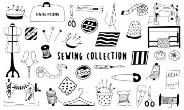Set of elements for hand made and sewing. Needle and thread, scissors and thimble, sewing machine and fabric, ripper and zipper, centimeter and button. Black and white vector illustration doodle isolated collection clipart