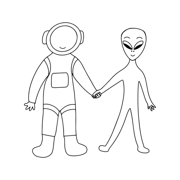 Astronauta Alienígena Están Tomados Mano Sonriendo Amistad Civilizaciones Ilustración Vectorial — Vector de stock