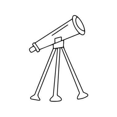 Telescope. Study of the night sky. Optical instrument for observing stars and space. Tripod. Black and white vector isolated doodle illustration
