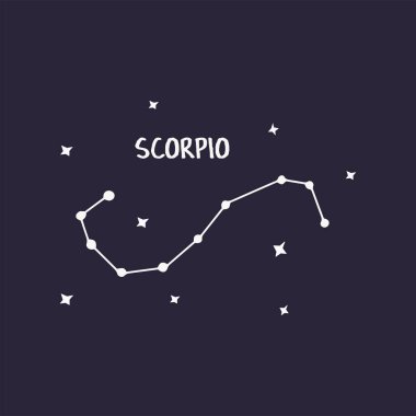 Constellation Scorpio. Blue background vector hand drawn print illustration with stars. Space of the universe, astronomy, zodiac sign