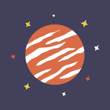 Planet and stars in outer space. Colorful hand drawn vector illustration. Jupiter red with stars print