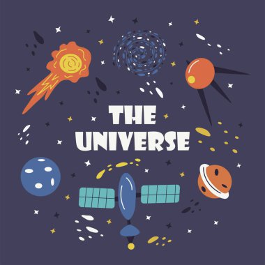 Print the universe. Flying meteorite, artificial satellite, planet with stars, galactic space nebula, milky way. Hand drawn vector blue background illustration print