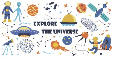 Set of elements explore the universe.Hand drawn vector colorful isolated illustration. Meteorite, artificial satellite, planet with stars, nebula, milky way, astronaut and alien, rocket and flying saucer. UFO. Telescope and constellations. Collection