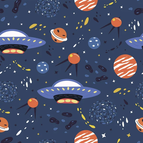 Seamless pattern with elements of the universe. Planets, stars and the milky way, flying saucer, ufo. Colorful vector illustration hand drawn. Print or packaging, textile or card