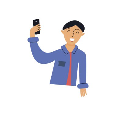 Adam selfie çekiyor. Blogcu kendi fotoğrafını ya da videosunu çekerken gülümsüyor. Renkli vektör izole edilmiş el çizimi
