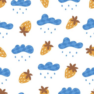 Bulutlu, yağmurlu ve çilekli kusursuz desen. Beyaz arka planda. Vektör renkli çizim el çizimi