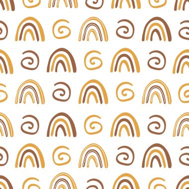 Soyut gökkuşağı ile kusursuz desen. Beyaz arka planda. Rengarenk el çizimi. İskandinav baskısı