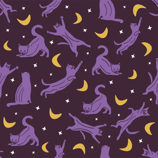 Бесшовный Рисунок Кошками Разных Позах Ночном Небе Звездами Полумесяцами Векторная — стоковый вектор