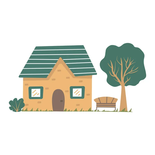 Jolie Maison Campagne Avec Grand Arbre Des Buissons Végétation Illustration — Image vectorielle
