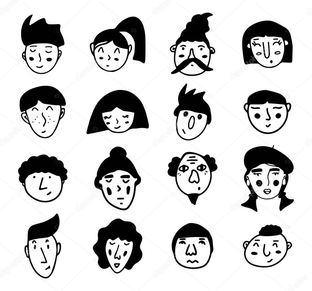 Doodle guy face. Black and white vector isolated illustration single logo. Student or teenager