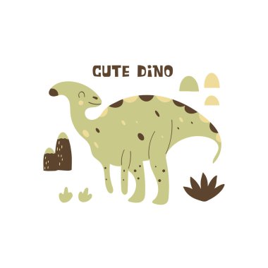 Dinozor parasaurolophus. Hadrosaurus. Soyu tükenmiş büyük otobur sürüngen kafasında bir arma var, Jurassic. Yazdır ya da afiş. Renkli vektör izole edilmiş el çizimi. Beyaz arka plan. Şirin dino.