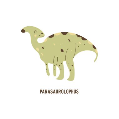 Dinozor parasaurolophus. Hadrosaurus. Soyu tükenmiş büyük otobur sürüngen kafasında bir arma var, Jurassic. Kart. Renkli vektör izole edilmiş el çizimi. Beyaz arka plan. Şirin dino.