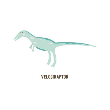 Dinozor Velociraptor. Nesli tükenmiş büyük antik etobur sürüngen, Jurassic. Renkli vektör izole edilmiş el çizimi. Şirin mavi dino kartı.