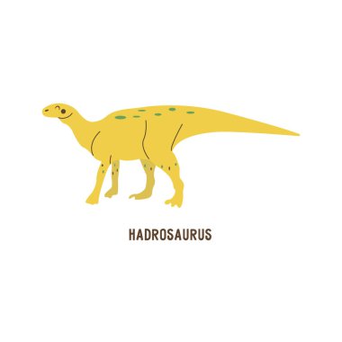 Dinozor sarısı Hadrosaurus. Nesli tükenmiş, yaşlı otobur sürüngen, Jurassic. Kart. Renkli vektör izole edilmiş el çizimi. Beyaz arka plan. Şirin dino.