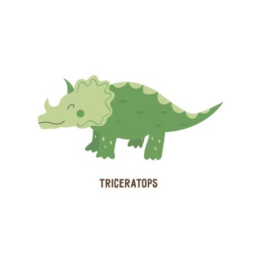 Triceratops dinozoru. Büyük otçul, nesli tükenmiş boynuzlu antik kertenkele, Jurasik dönem. Kart. Renkli vektör izole edilmiş el çizimi. Beyaz arka plan. Şirin yeşil dino.