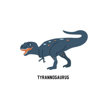 Tyrannosaurus Rex dinozoru. Nesli tükenmiş büyük antik etobur sürüngen, Jurassic. Kükreme kartı. Renkli vektör izole edilmiş el çizimi. Beyaz arka plan. Mavi Dino