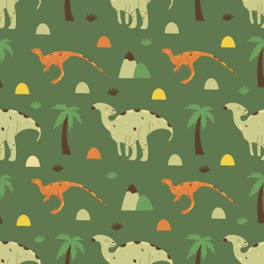 Kusursuz desenli dinozorlar, parasaurolophus ve gallimimus. Hepçil hayvan, soyu tükenmiş antik sürüngen, Jurasik dönem. Renkli vektör çizimi el çizimi. Yeşil arka plan. Şirin dinoyu paketliyorum.
