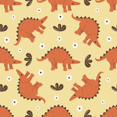 Kusursuz bir Stegosaurus dinozoru. Büyük otçul, nesli tükenmiş, sırtında dikenleri olan eski bir kertenkele, Jurassic dönemi. Çiçek ve çalılar. Renkli vektör illüstrasyon el çizimi paketleme