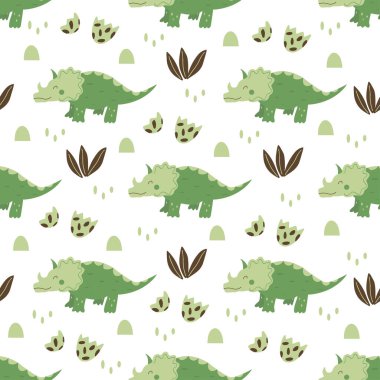 Kusursuz Triceratops dinazoru. Büyük otçul, nesli tükenmiş boynuzlu antik kertenkele, Jurasik dönem. Renkli vektör çizimi el çizimi. Beyaz arka plan. Şirin yeşil dino dokusu