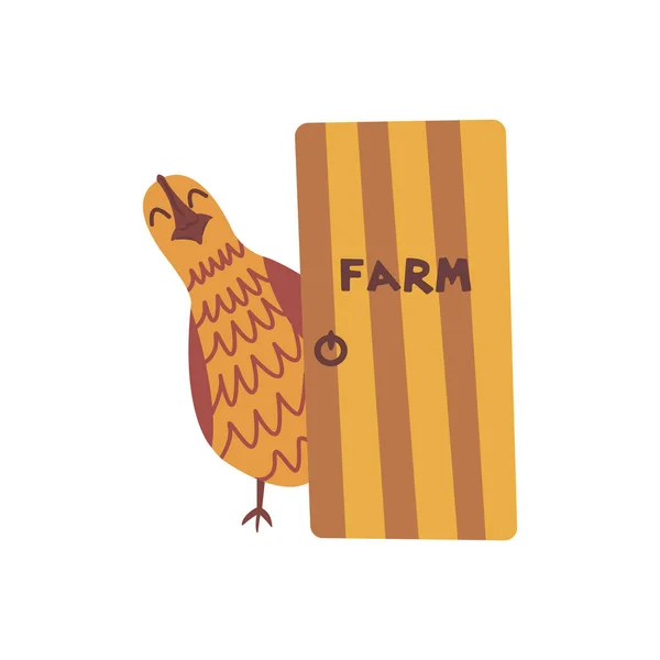 Vidám Csirke Néz Ajtó Mögül Felirattal Egy Farm Háztartási Gazdálkodás — Stock Vector