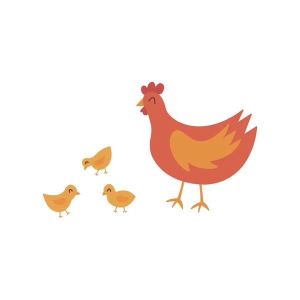 Pollo Cammina Con Polli Piccole Ragazze Colorato Vettore Isolato Illustrazione — Vettoriale Stock