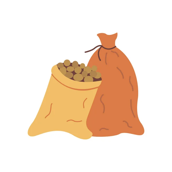 Deux Sacs Pommes Terre Sacs Pleins Ouverts Fermés Récolte Stockage — Image vectorielle
