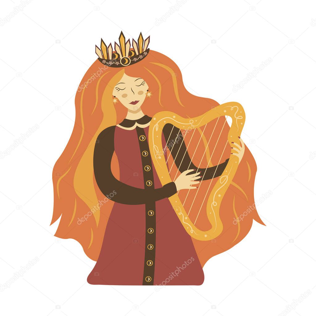 Beautiful girl with long red hair plays the harp. Crown with jewels on the head. Colorful vector isolated illustration cartoon. Ancient musical instrument