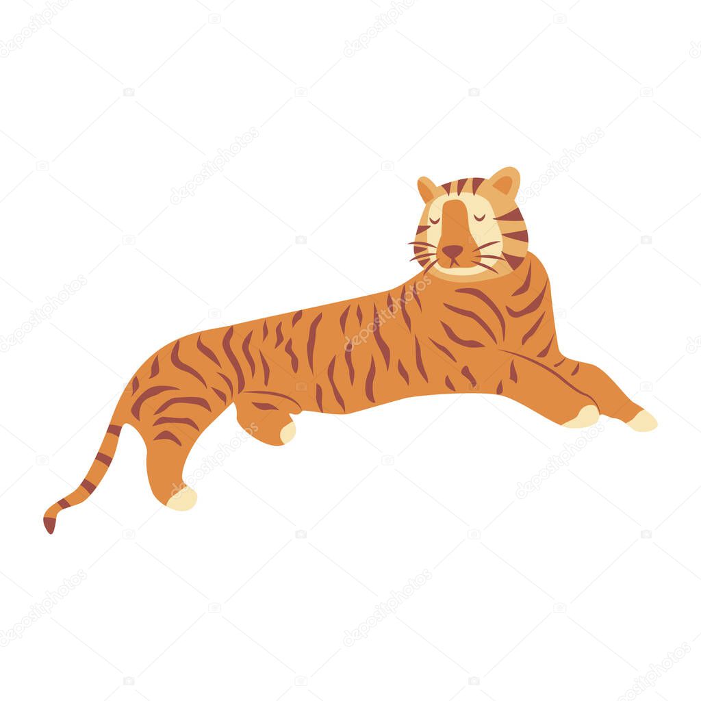 Tiger is lying. Noble wild striped feline, fast and agile animal. Colorful vector isolated illustration hand drawn. Year of the tiger