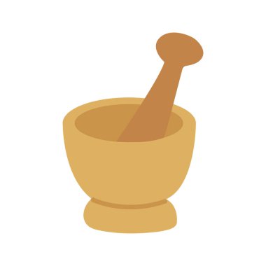 Havan topu ve tokmak. Bitki ve baharat doğramak ve yoğurmak için klasik kase. Alternatif tıp, şifa, şifa. Renkli vektör izole edilmiş el çizimi simgesi