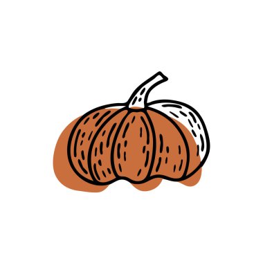 Balkabağı şirin çizgi ikonu. Arkasında kahverengi bir şekil. Çizim vektörü izole edildi. Mutlu Cadılar Bayramı. Hasat mevsimi. Olgun kabak, organik sebze.
