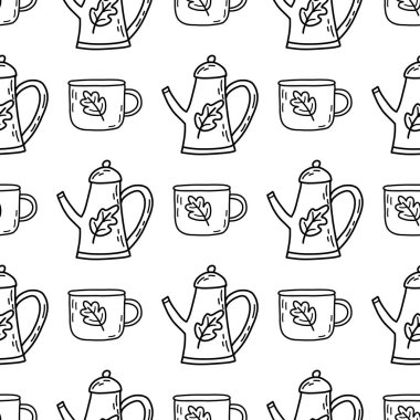 Kusursuz desenli, meşe yaprağı ve bir fincan çay ya da kahve ile şirin çaydanlık. Beyaz arkaplanda Doodle vektör çizimi. Sonbahar havası. Kumaş, kağıt veya ambalaj, kart veya kapak için yazdır