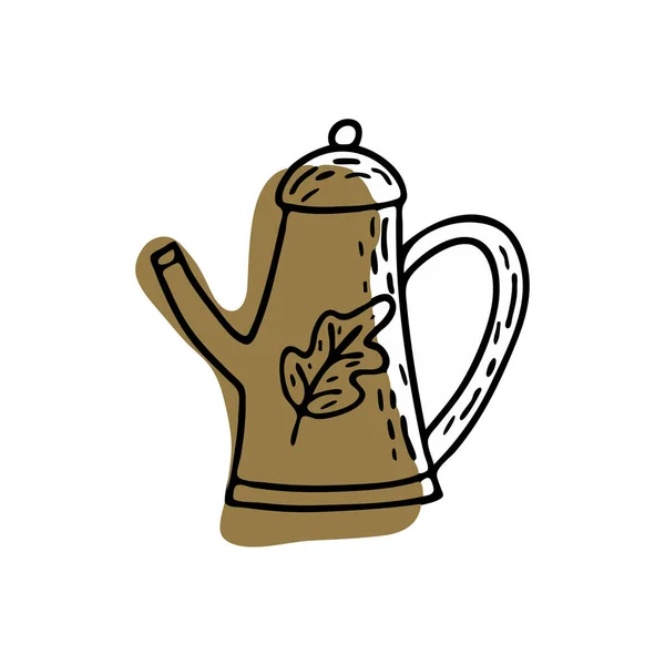 Leuke Lijntheepot Met Eikenblad Groene Vorm Achter Ketel Doodle Vector — Stockvector